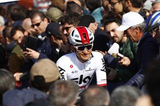 The 2017 winner Michal Kwiatkowski rides through the fans at the start of Milan-San Remo