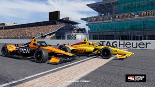 A gameplay image for Indycar Racing The Game showing Pato O Ward and and Alex Palou racing across the bricks at Indianapolis Motor Speedway.