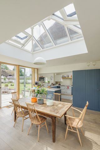 blue and white kitchen extension with large rooflight