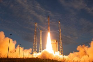 An Arianespace Vega rocket lifts off from Kourou, French Guiana, with the European Space Agency's Aeolus wind-mapping satellite on Aug. 22, 2018.