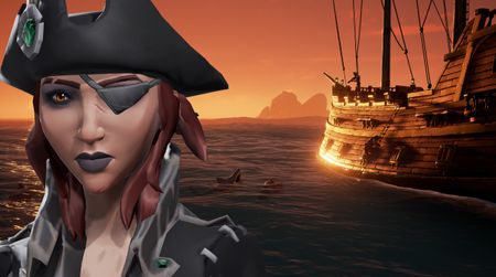 A Sea of Thieves pirate stands before a ship.