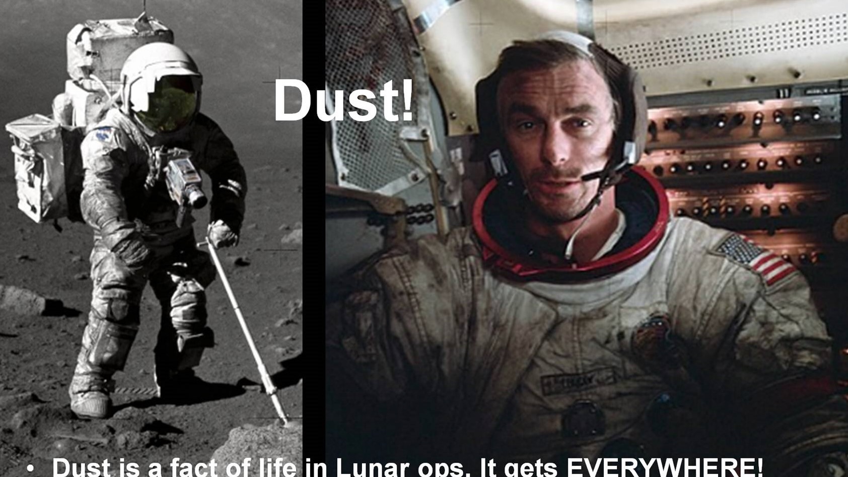 duas fotos de um astronauta empoeirado em trajes espaciais brancos. na foto à direita ele está sem capacete e dentro de sua espaçonave