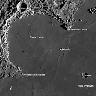 Sinus Iridum area of the moon. It is likely that China will land a rover near Laplace A crater. Arrow shows location of Soviet Lunokhod 1 rover.