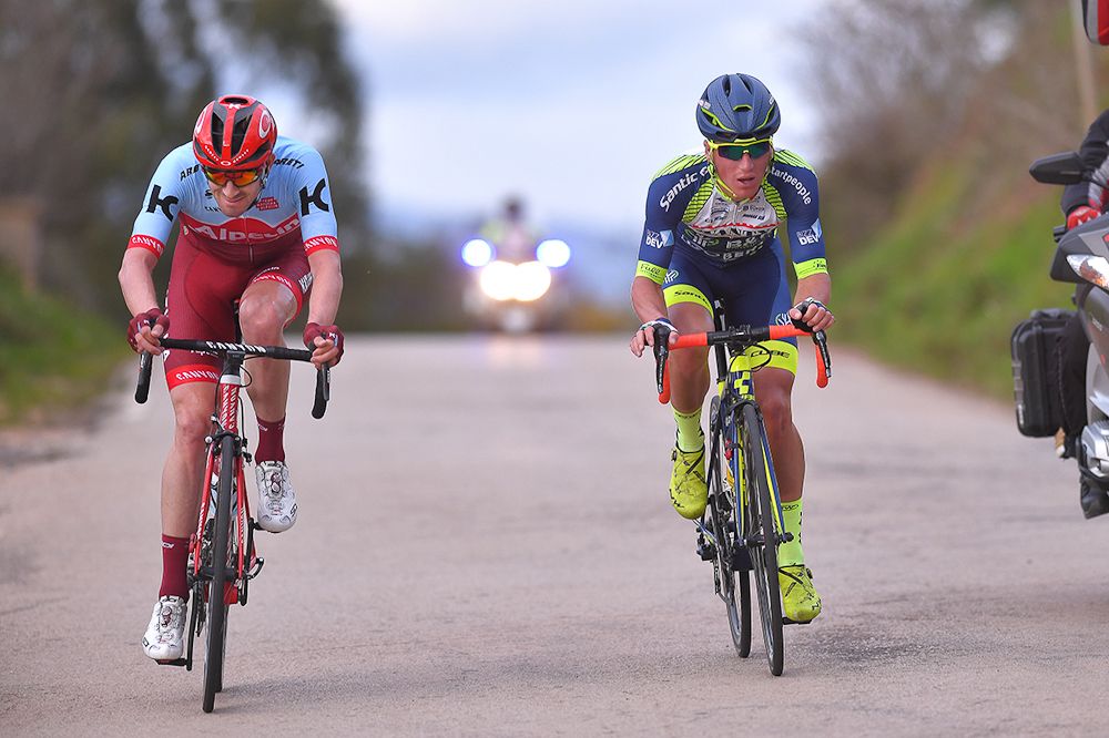 Jose Goncalves and Tom Devriendt in the day's breakaway at Volta ao Algarve