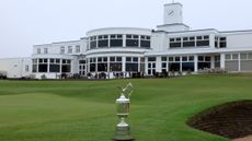 The Claret Jug sitting outside of the clubhouse at Royal Birkdale ahead of the 2026 Open Championship