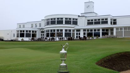 The Claret Jug sitting outside of the clubhouse at Royal Birkdale ahead of the 2026 Open Championship
