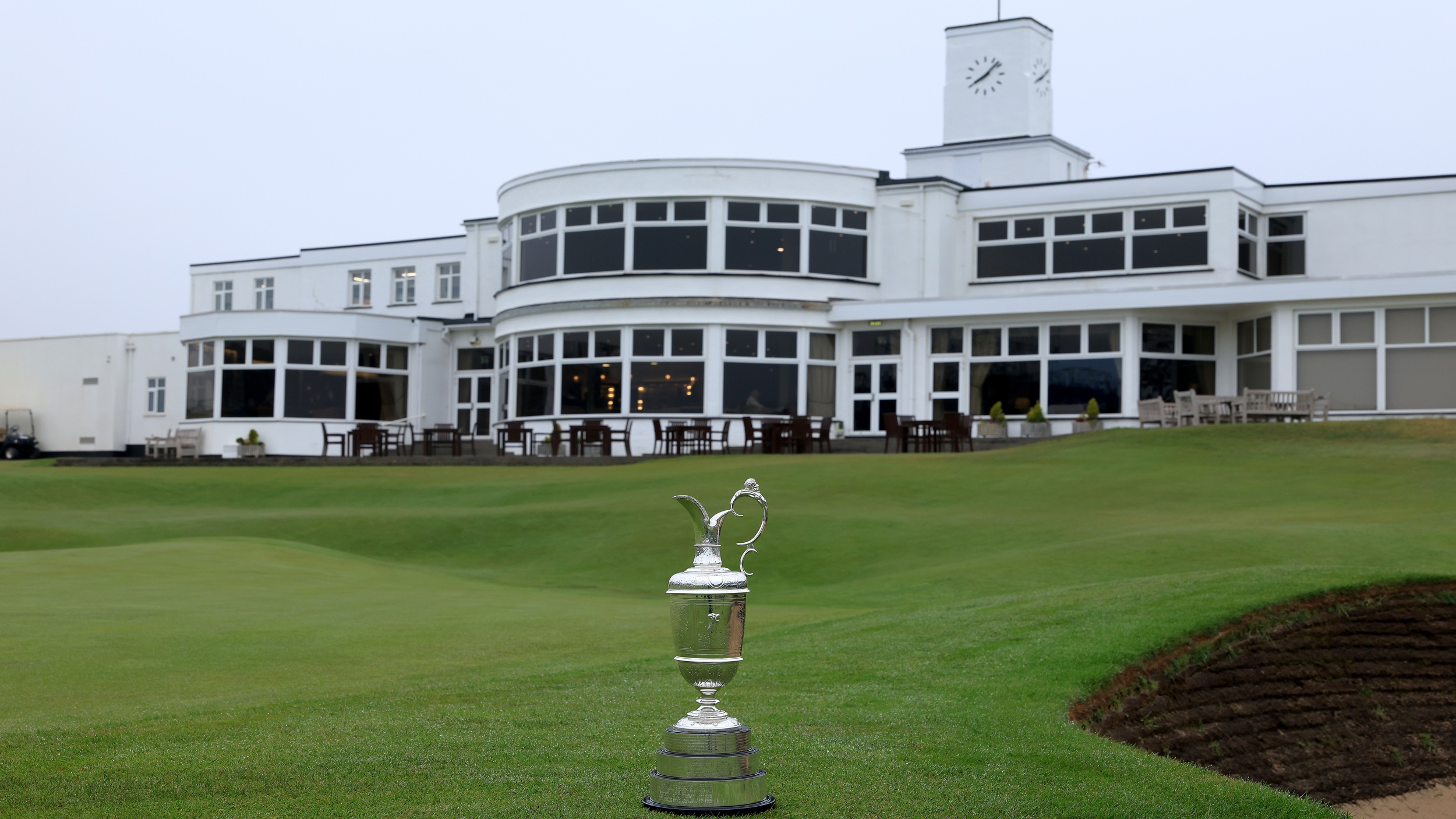 The Claret Jug sitting outside of the clubhouse at Royal Birkdale ahead of the 2026 Open Championship