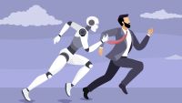 Cartoon image of a human worker outpacing a robot.