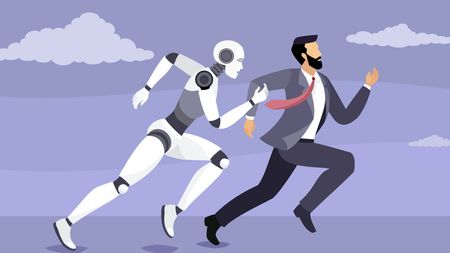 Cartoon image of a human worker outpacing a robot.