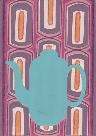 Blue painting of a teapot on a patterned background