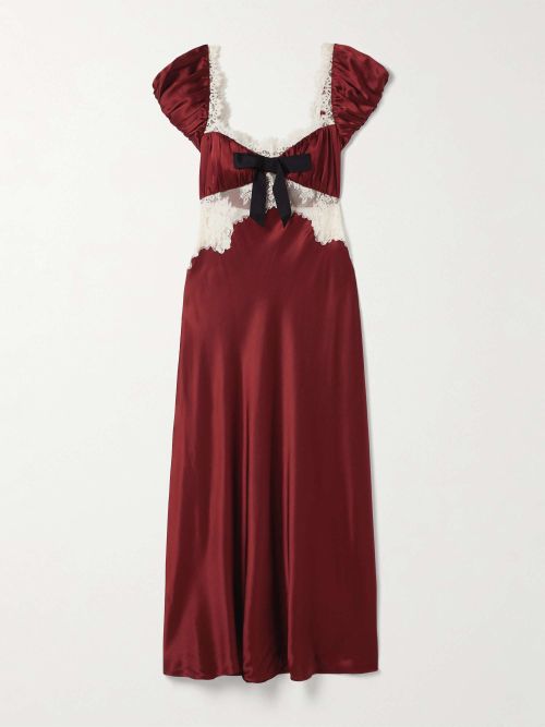 Veda Bow-Detailed Corded Lace-Trimmed Silk-Charmeuse Midi Dress