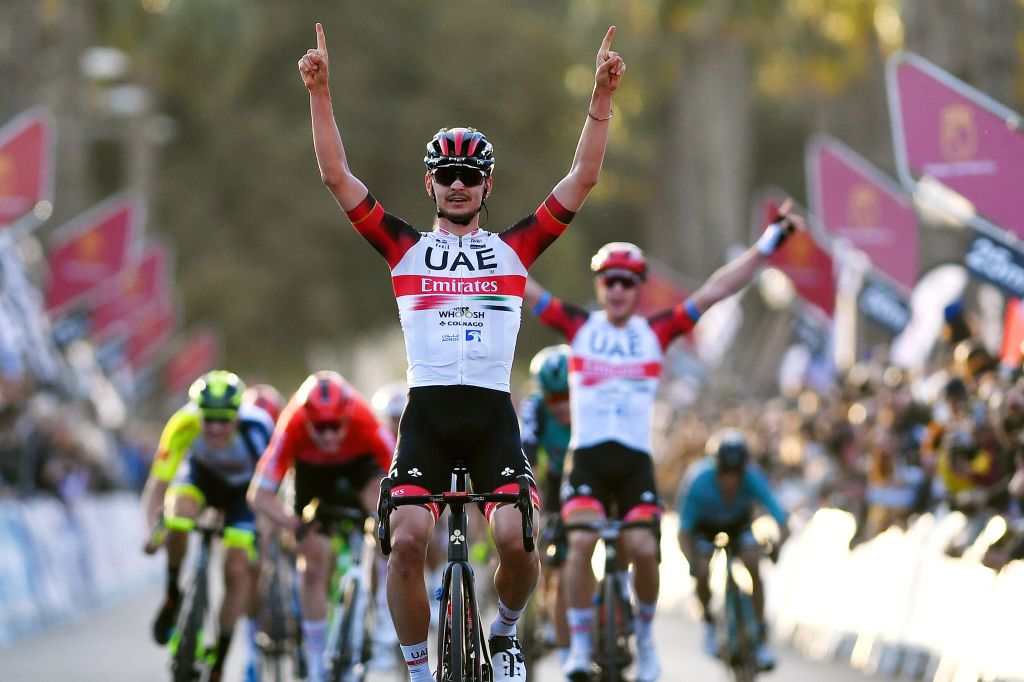 CARTAGENA SPAIN FEBRUARY 12 Alessandro Covi of Italy and UAE Team Emirates celebrates winning during the 42nd Vuelta Ciclista A La Region De Murcia Costa Calida 2022 a 1832km one day race from Fortuna to Puerto de Cartagena VueltaRegionMurcia22 on February 12 2022 in Cartagena Spain Photo by Tim de WaeleGetty Images