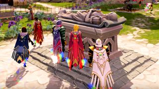 Runescape players wearing Max Capes gather around a coffin in a courtyard
