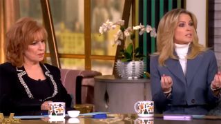 Sarah Haines and Joy Behar in the middle of a debate around the table on The View.