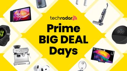 Assorted tech products on a TechRadar branded backdrop with Prime Big Deal Days text overlay