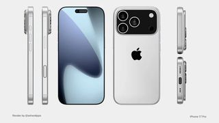 A mock-up of how the iPhone 17 Pro might look, seen from the front, back, sides, top and bottom.