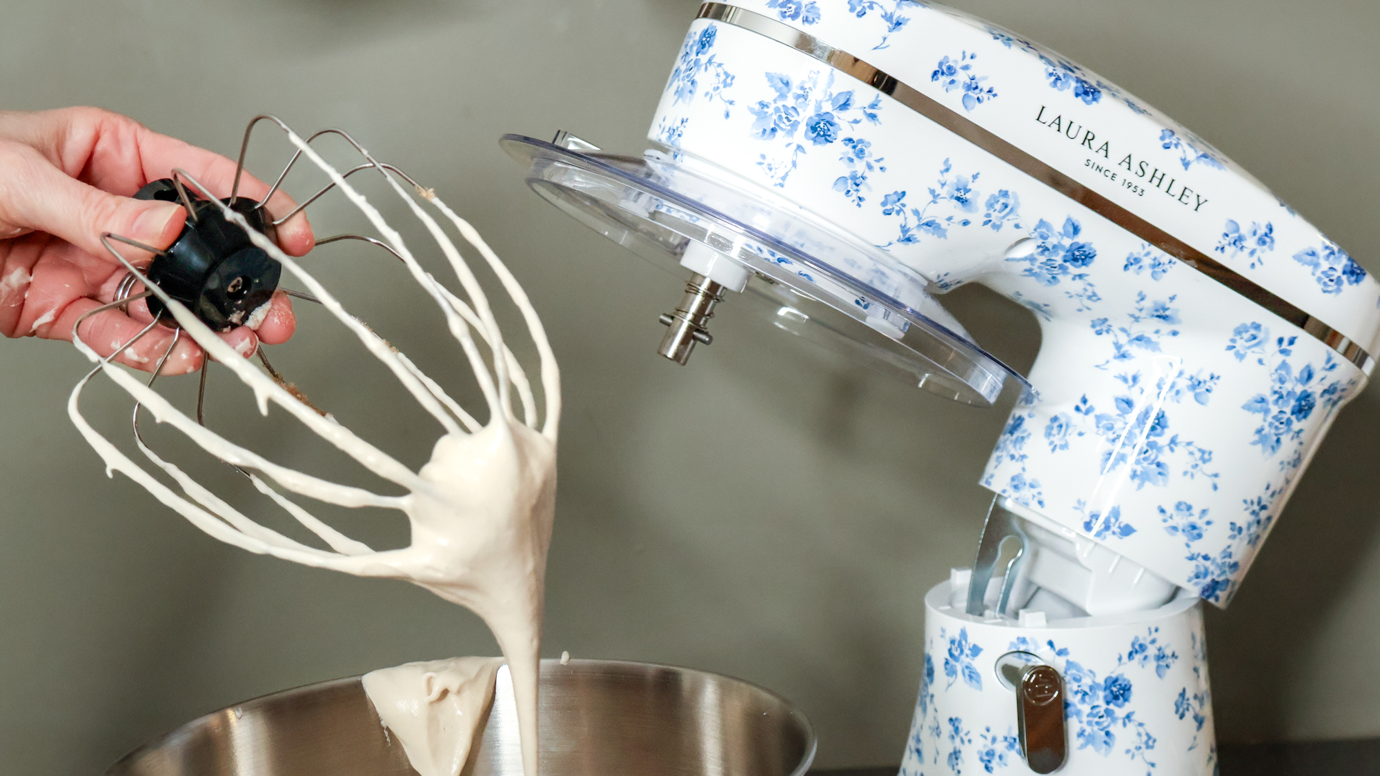 Laura Ashley stand mixer whisking egg whites