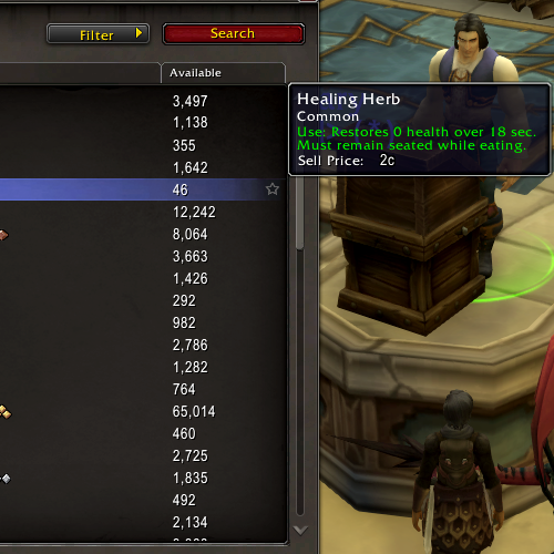 Multiple potions and food items in World of Warcraft are shown to have "restores 0 health" or "restores -0 health" in their tooltips.