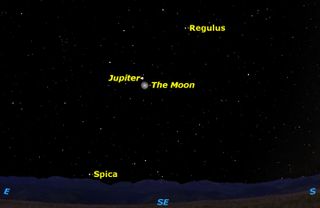 Tuesday, Feb. 23, 11 p.m. EST. The moon and Jupiter will rise close together in the southeastern sky.