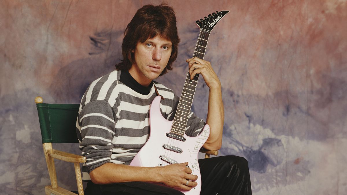 Jeff Beck, London, October 1984. He is holding a Jackson guitar with the name &#039;Tina Turner&#039; written on the body