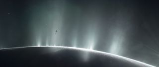 An illustration of the spacecraft Cassini diving through Enceladus&#039; plume in 2015.