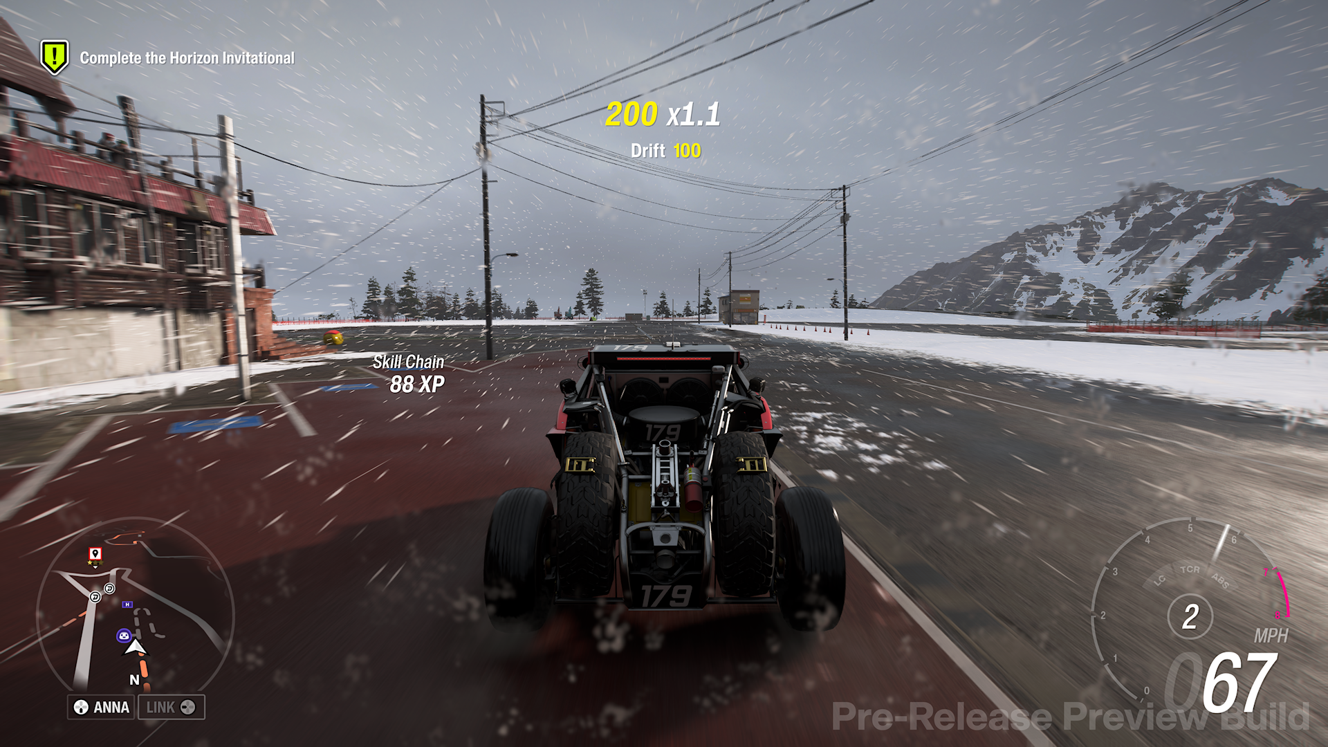 A screenshot from the Forza Horizon 6 preview build showing the mountain region and weather conditions.