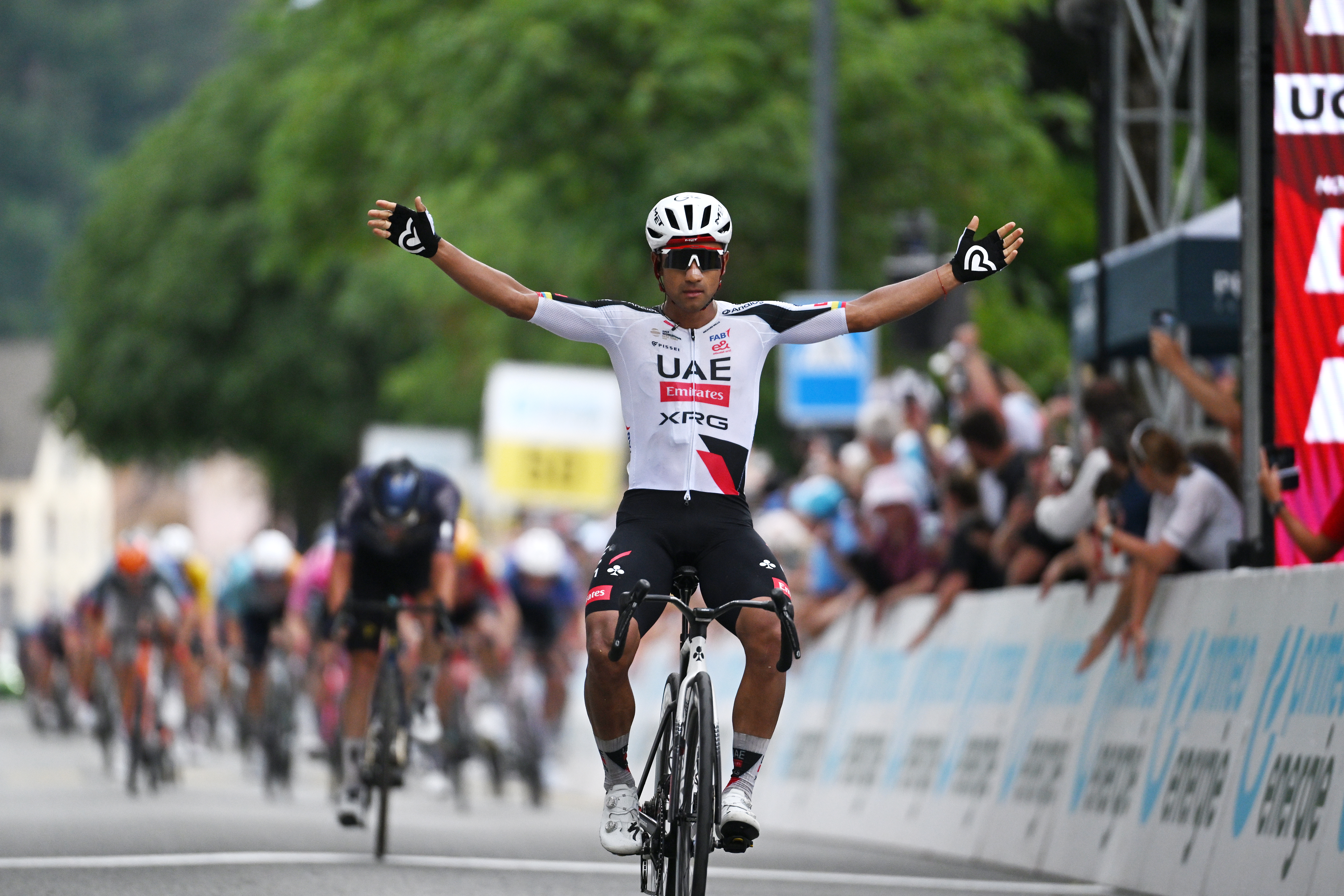 Jhonatan Narvaez of Ecuador and UAE Emirates-XRG celebrates at finish line as winner of stage 3 of the Tour de Suisse 2026