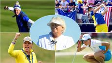 Montage featuring five female golfers wearing Solheim Cup uniforms