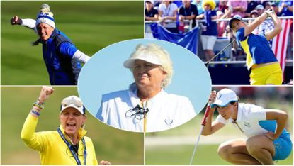 Montage featuring five female golfers wearing Solheim Cup uniforms