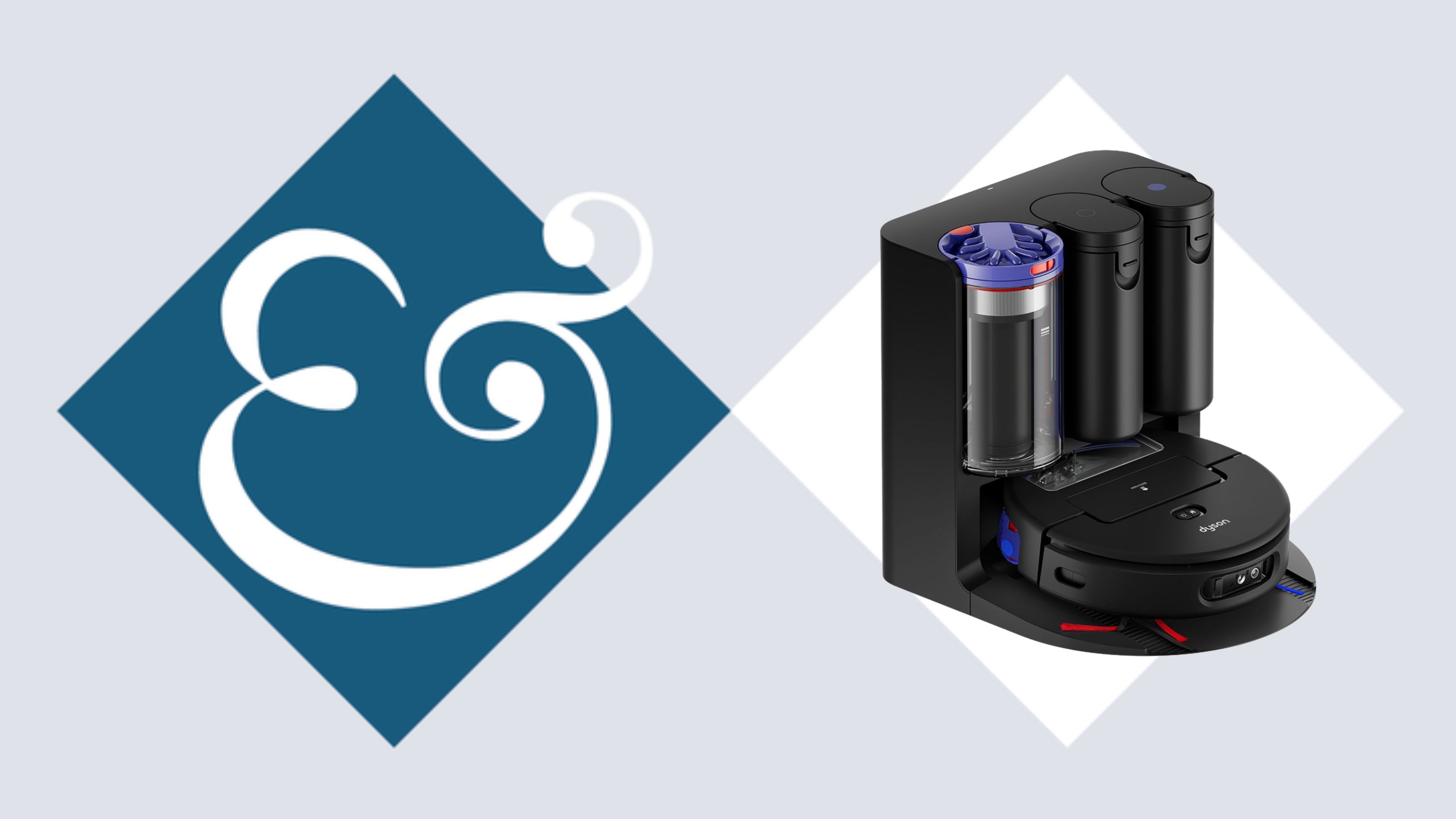 Cut out image of the Dyson Spot+Scrub Ai on a canva-template with the Homes &amp; Gardens '&amp;' logo to the left hand side
