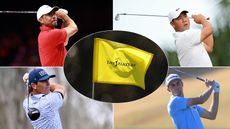 Tiger Woods, Tom Kim, Billy Horschel and Will Zalatoris hold their finish on golf shots and a yellow The Players flag blowing in the wind