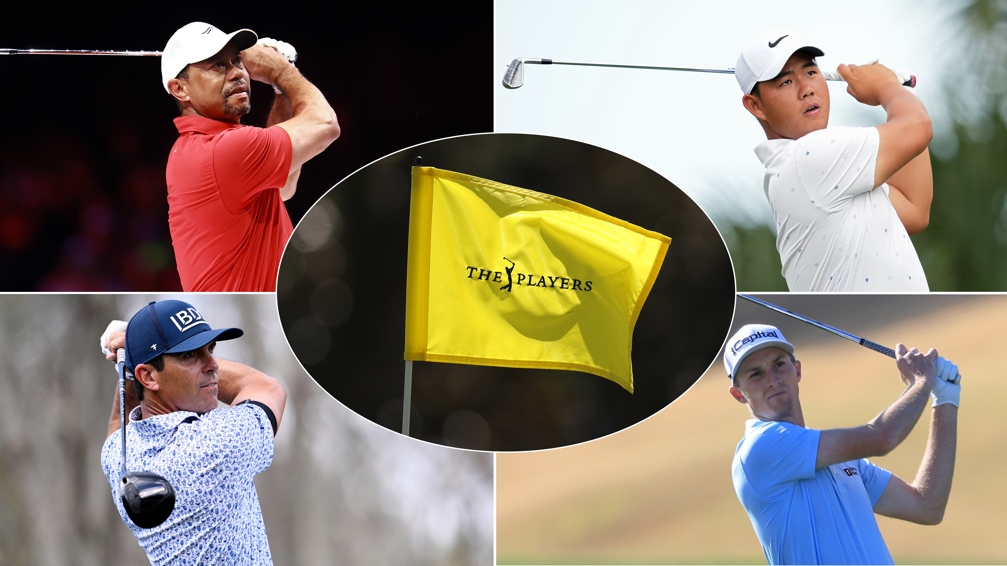 Tiger Woods, Tom Kim, Billy Horschel and Will Zalatoris hold their finish on golf shots and a yellow The Players flag blowing in the wind