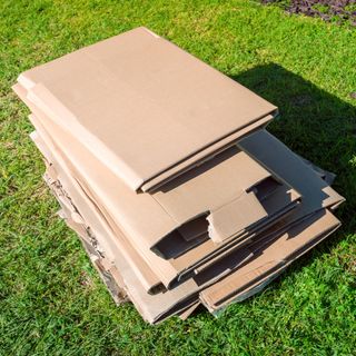 Pile of folded cardboard on grass lawn in garden