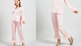 pale pink pajamas with feather trim