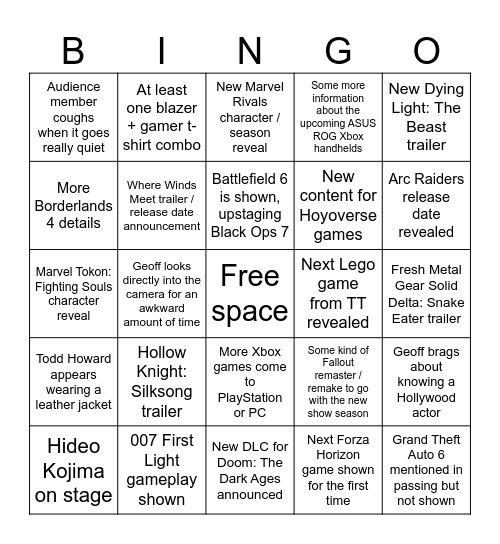 Gamescom 2025 bingo card.