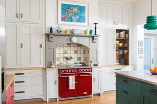 red oven in kitchen