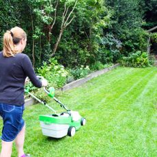 young woman mowing grass in the garden with a lawn mower as part of a good lawn care routine