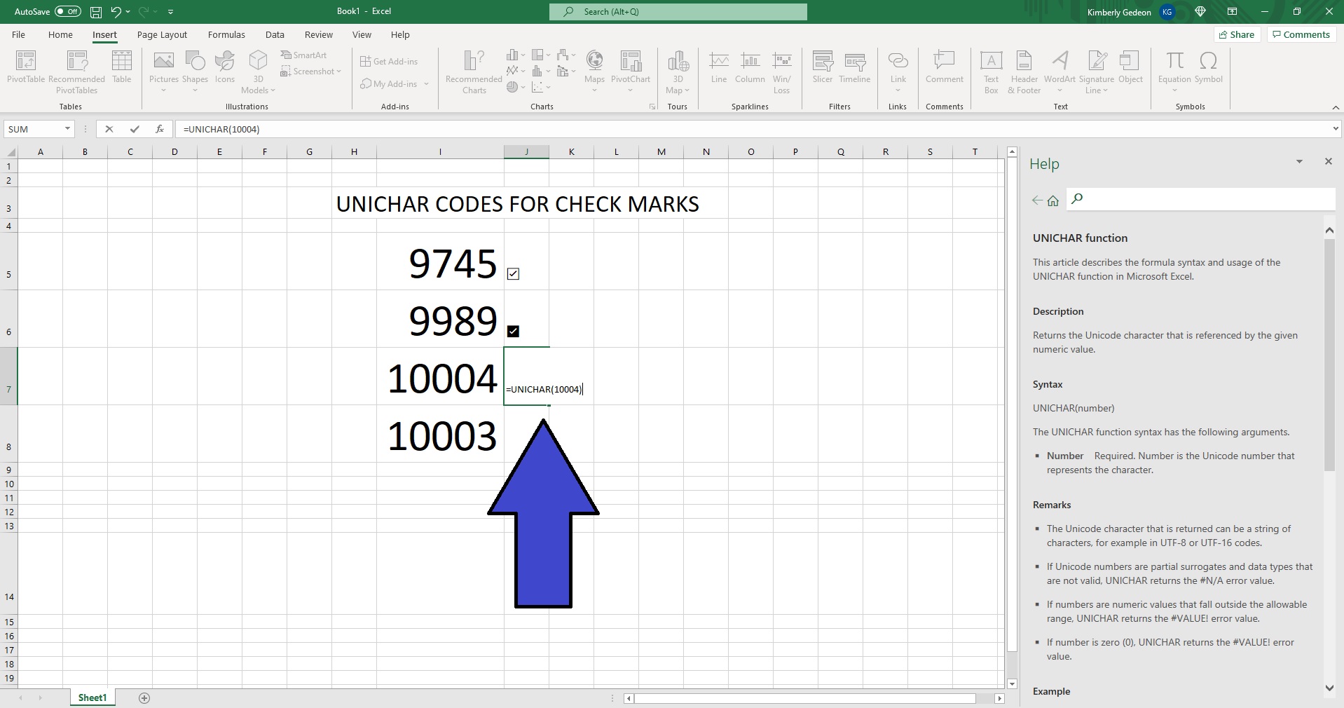 How to insert a check mark in Excel using the UNICHAR function