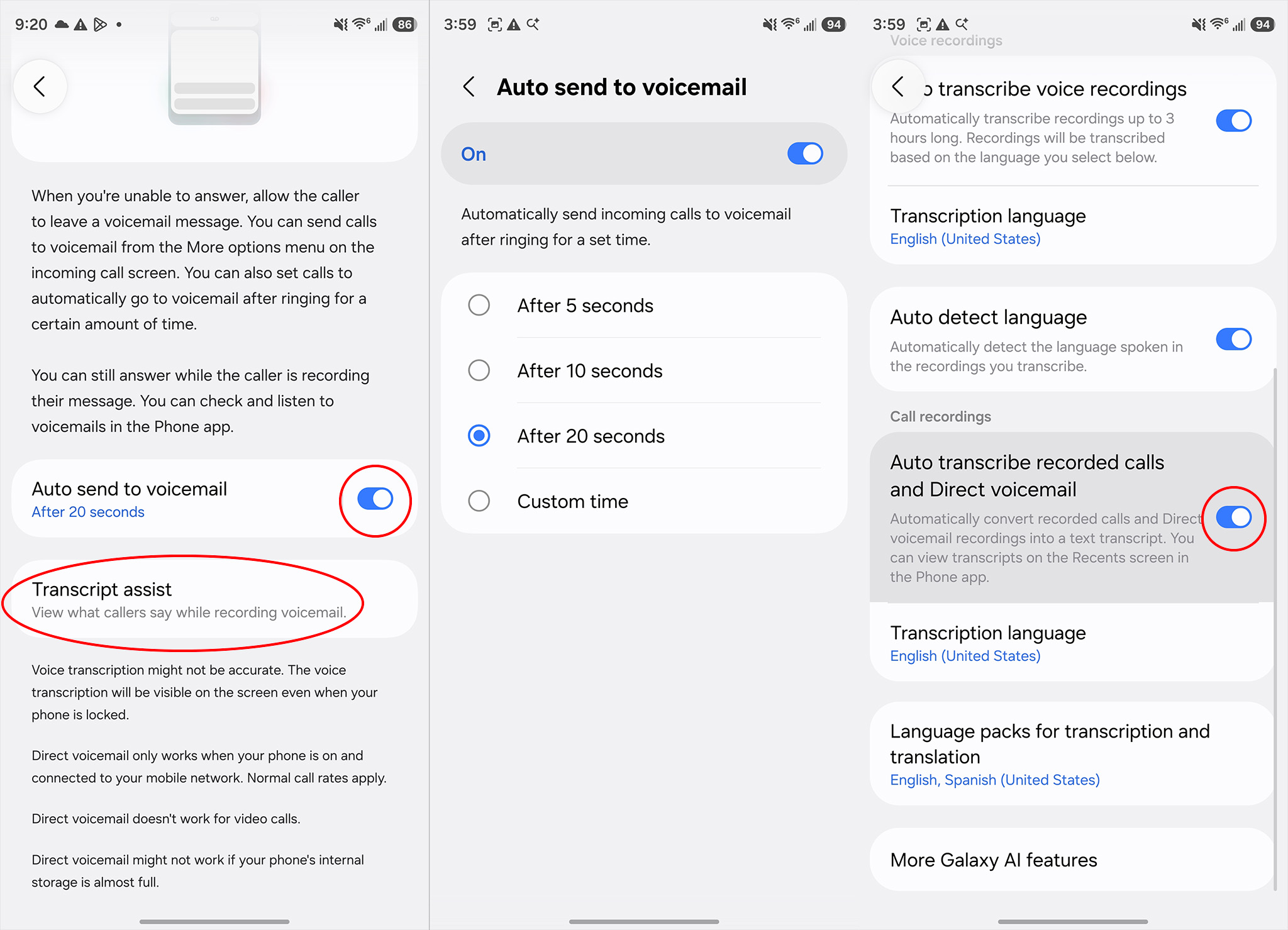 How to enable auto transcribe for Direct Voicemail in Samsung One UI 8.5