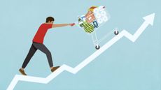 an animated man pushing groceries up a steep line, indicating higher prices