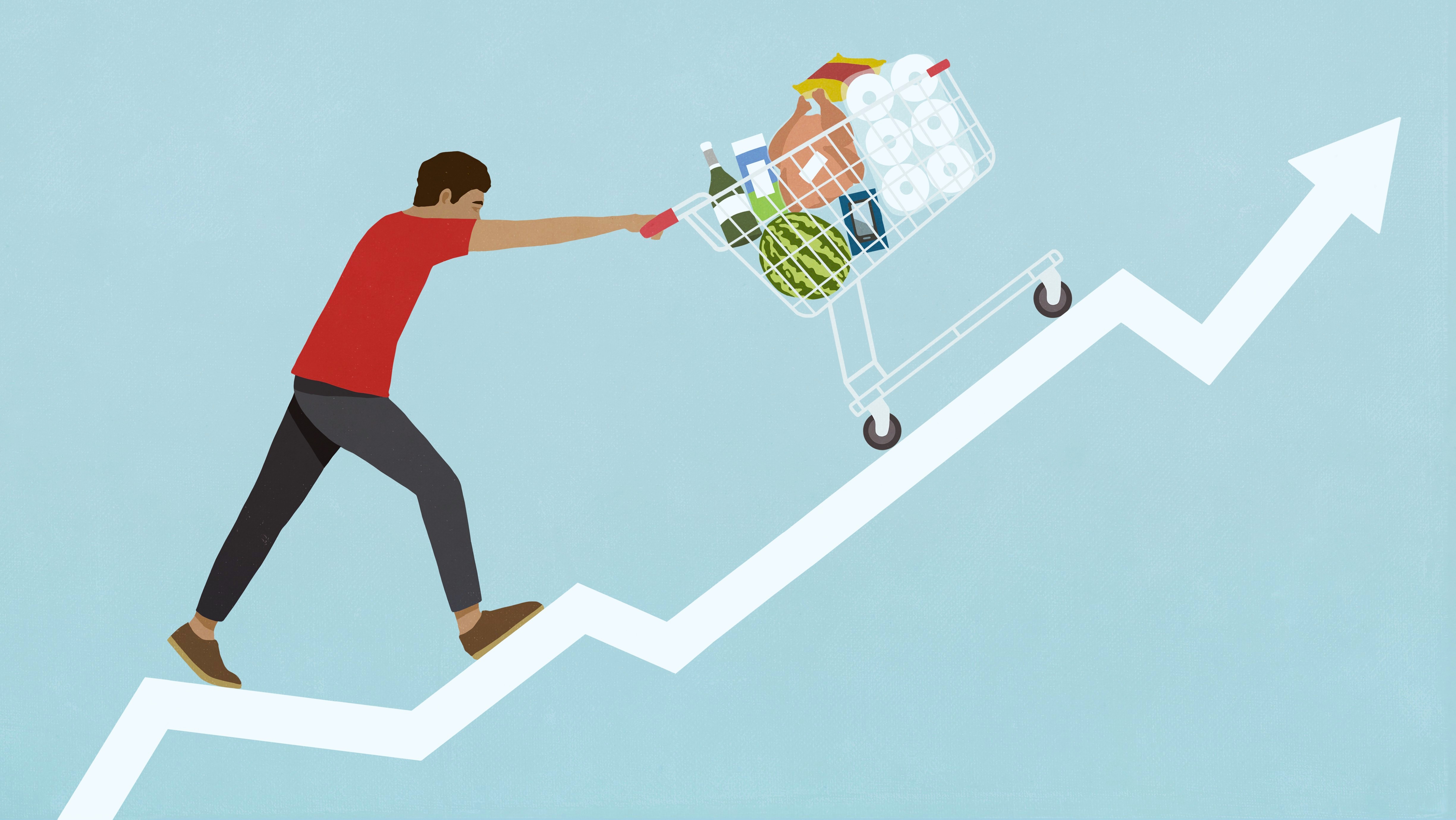 an animated man pushing groceries up a steep line, indicating higher prices