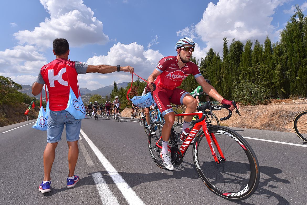 Marco Haller takes on some fuel on stage 14 of the Vuelta a Espa&ntilde;a
