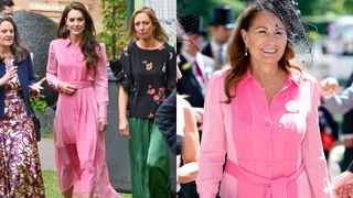Carole and Kate Middleton wearing the same pink dress at different occasions