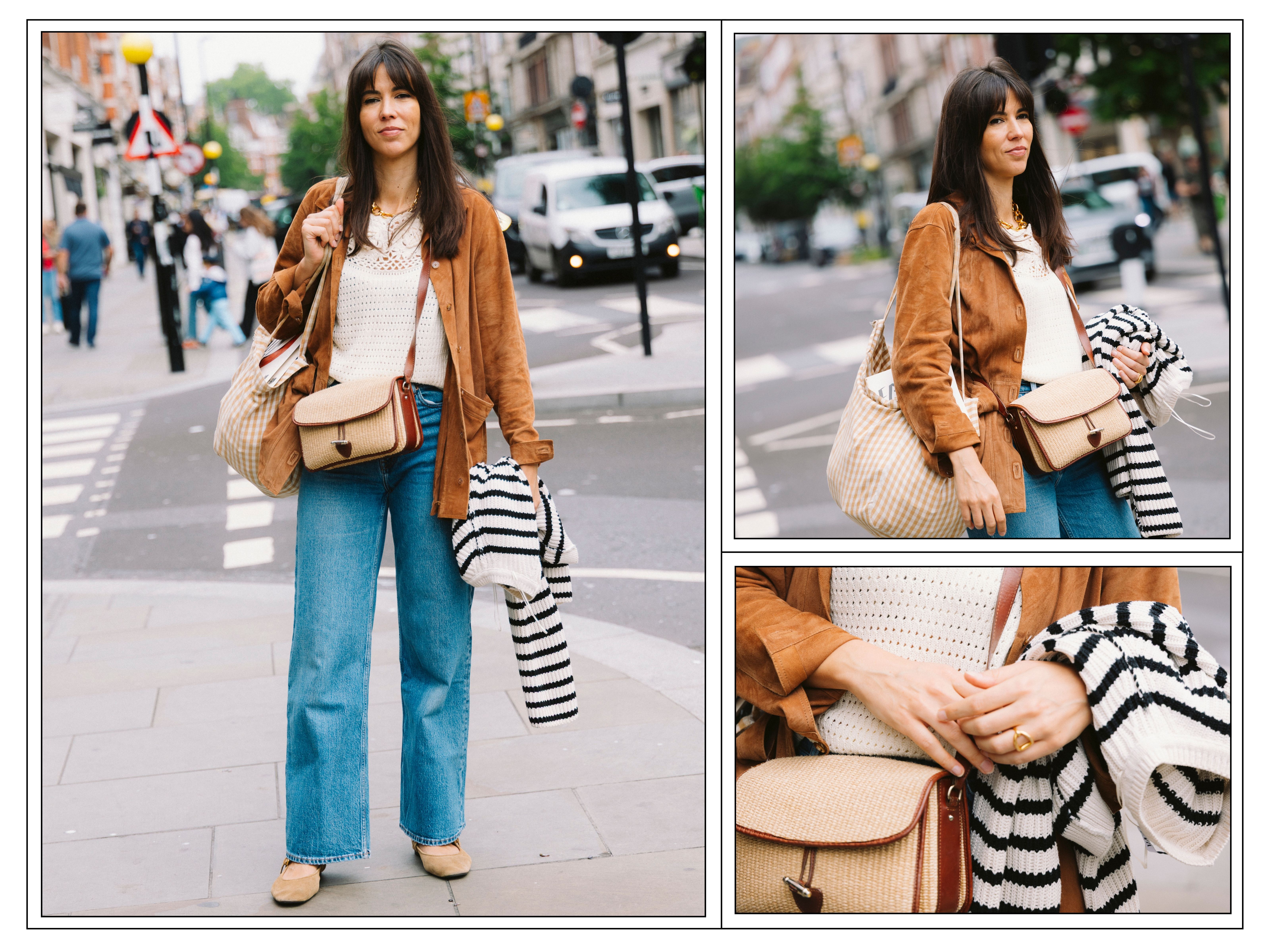 A woman wears blue jeans, a tan suede bag and a stripe knit in London