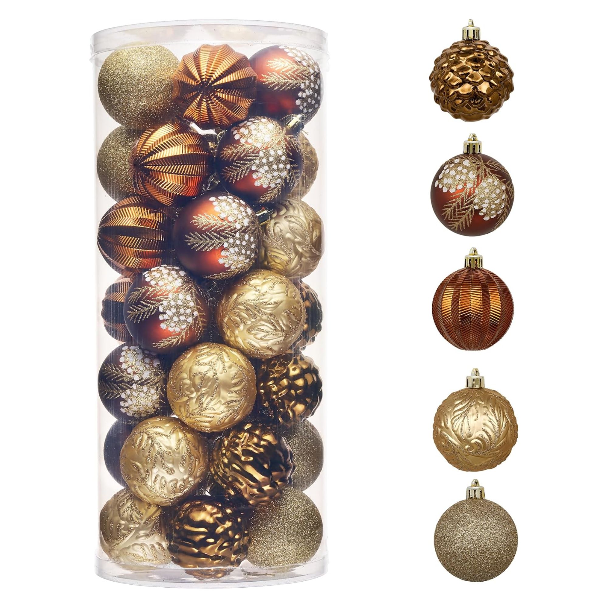 Set of gold and copper Christmas ornaments