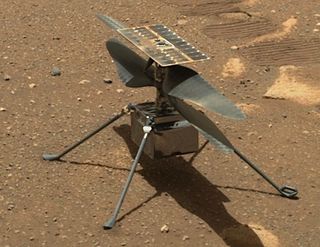NASA's Perseverance rover acquired this image of the Ingenuity Mars helicopter on the floor of Jezero Crater.