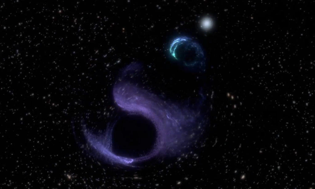 An artists&#039; impression shows a black hole swallowing a mysterious smaller object in deep space.