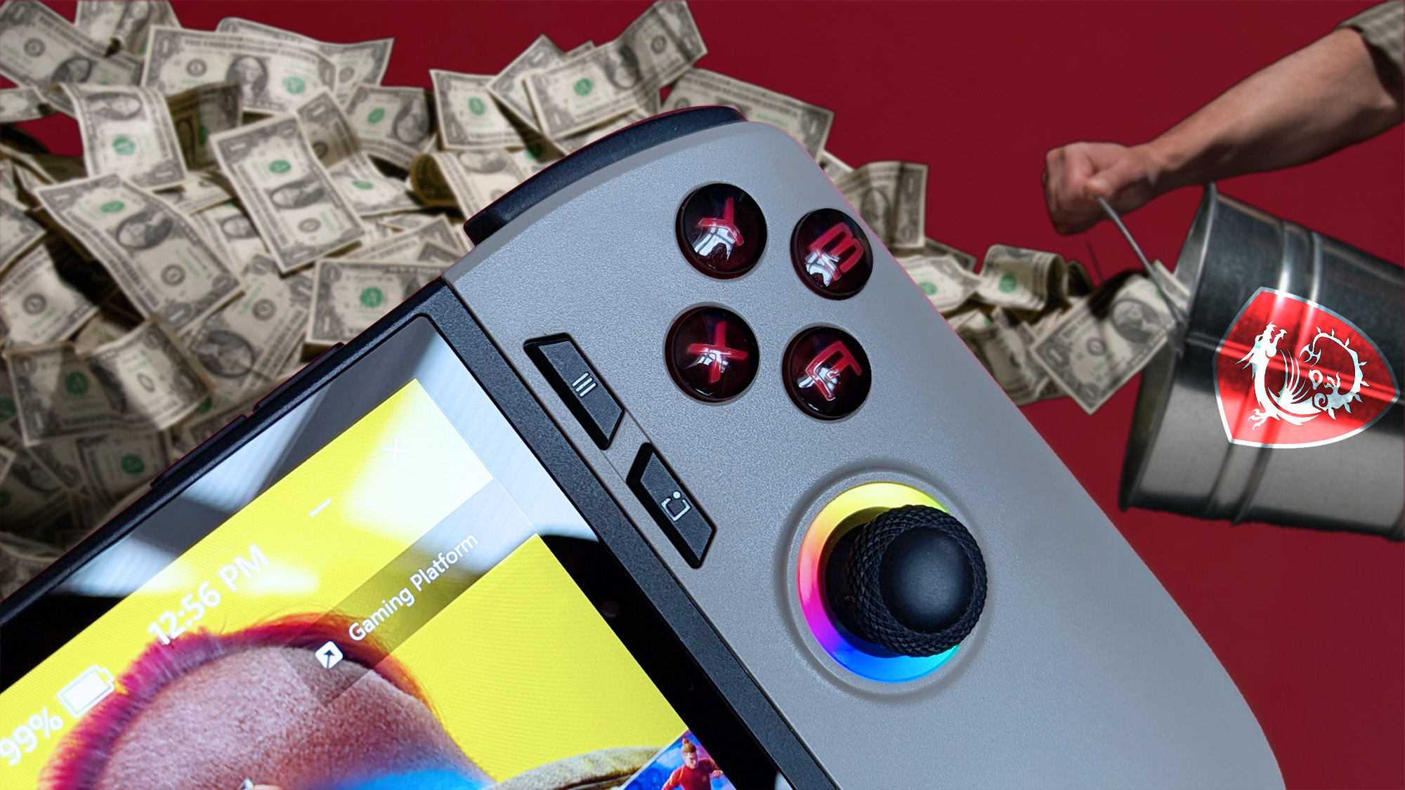 Close-up of an MSI Claw handheld gaming PC with vibrant buttons, a colorful joystick, and a bright screen. In the background, a hand pours money from a bucket.