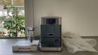 The KitchenAid KF8 Fully Automatic Espresso Machine, unboxed on the counter