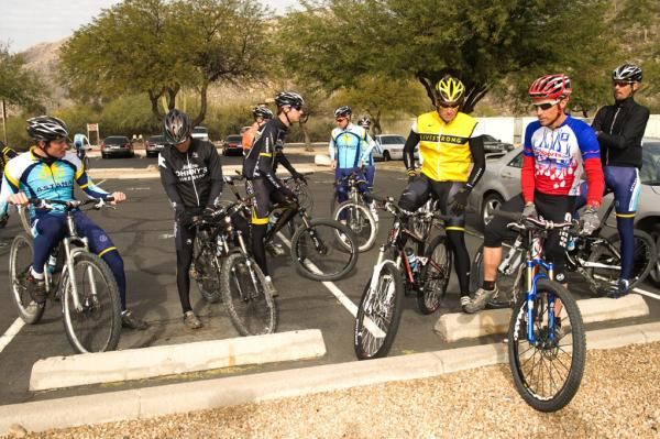 Lance Armstrong and his friend Jimmy Ricitello get ready to lead the ride.